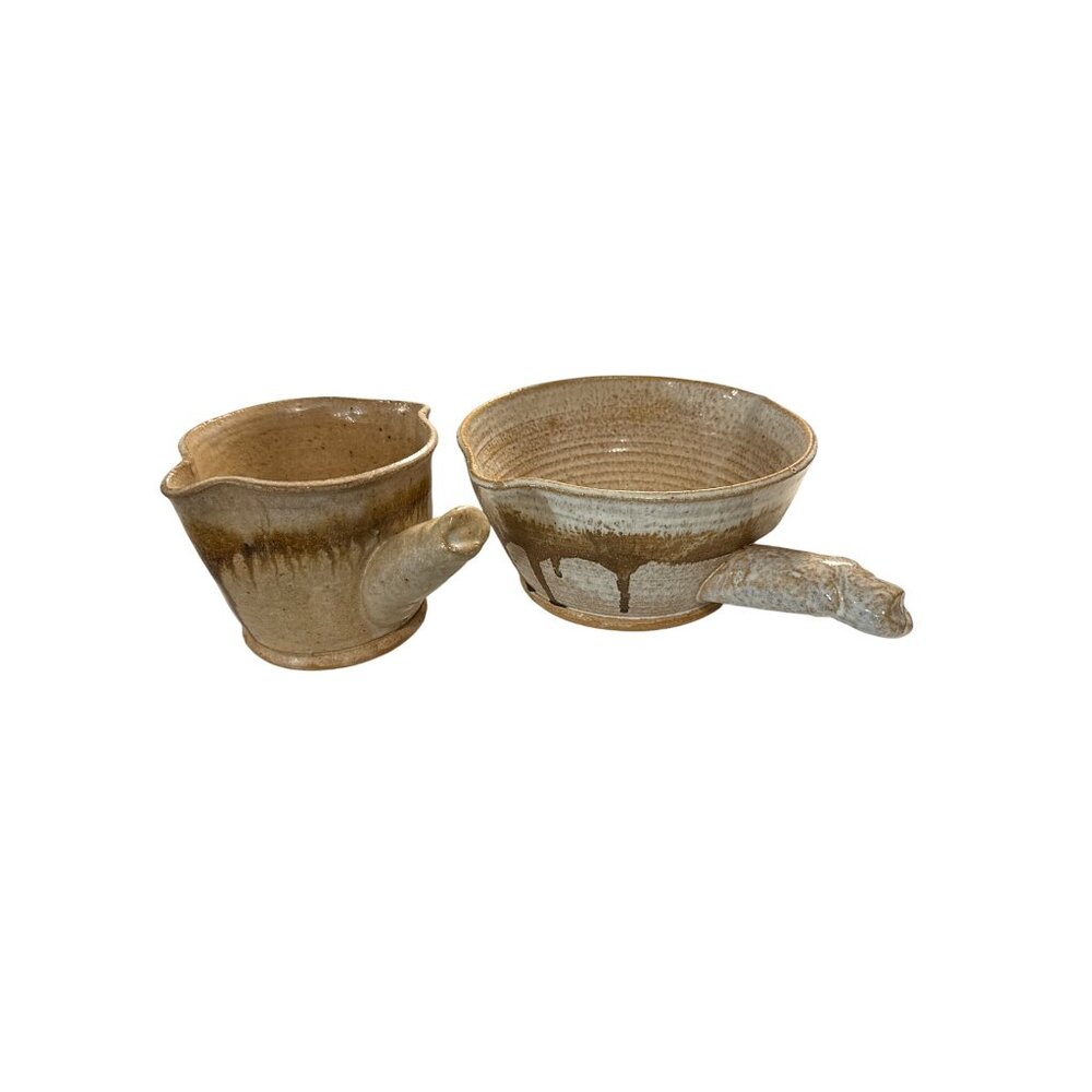 Handcrafted Rustic Signed M or W Pottery 2 Pouring Bowls With Handles Artisanal